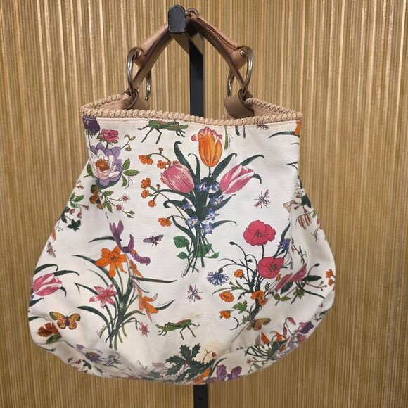 Gucci White Flora Horsebit Handbag Large Authentic Flower Butterfly Cricket - Picture 2 of 16